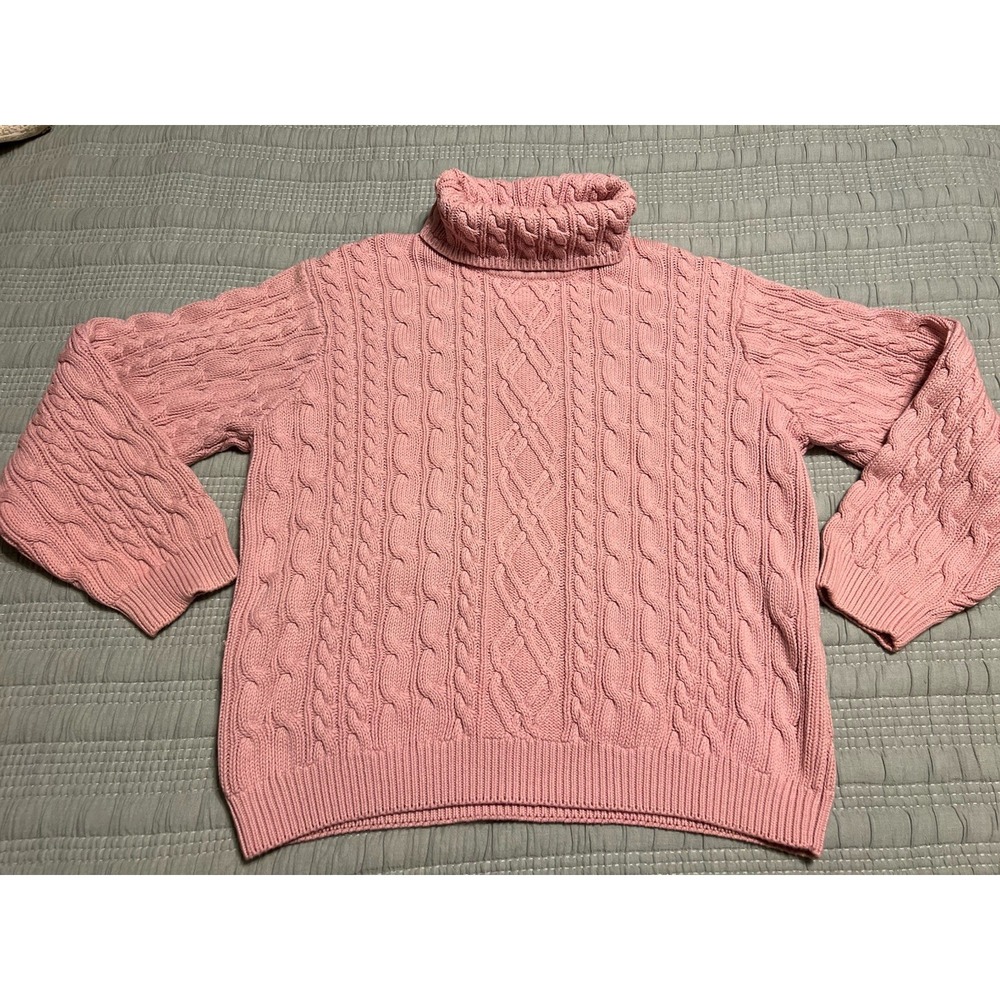 VTG Jeanne Pierre Pink Chunky Cable Knit Long Sleeve Turtleneck Sweater Size L